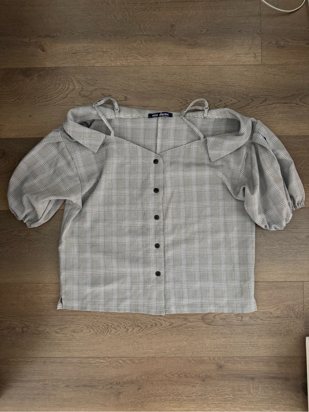 Plaid Off-Shoulder Button-Front Women's Top - Gray